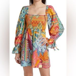 Farm Rio Summer Tapestry Smocked Minidress